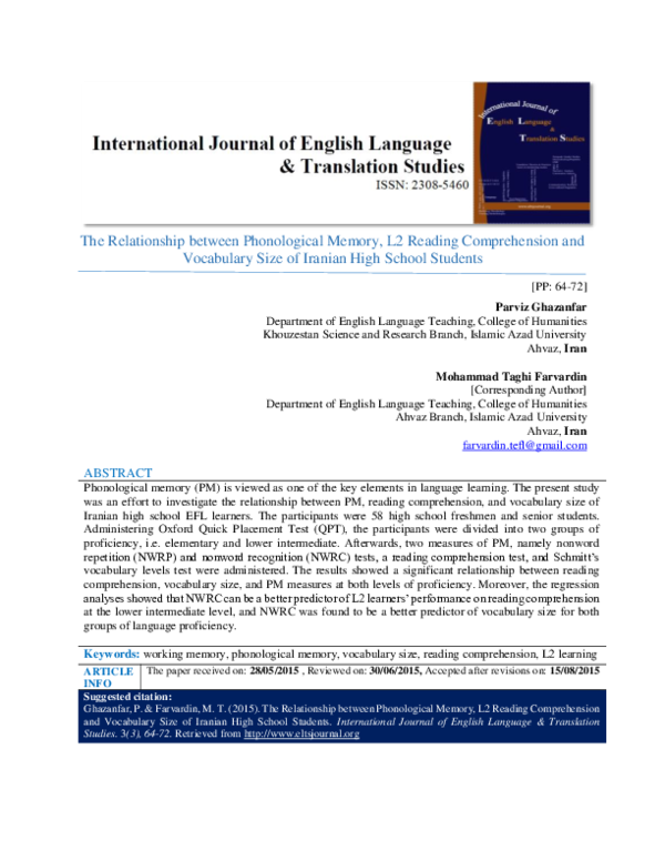 (PDF) The Relationship between Phonological Memory, L2 Reading ...