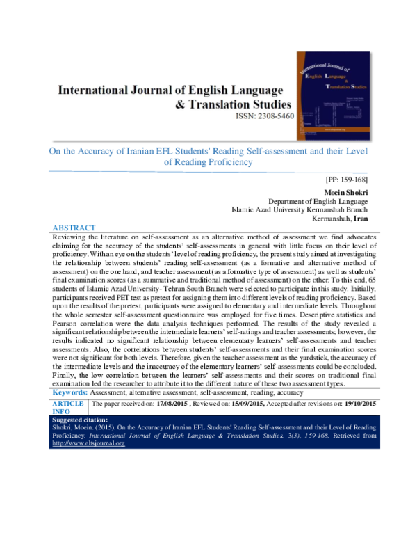 (PDF) On the Accuracy of Iranian EFL Students' Reading Self-assessment ...