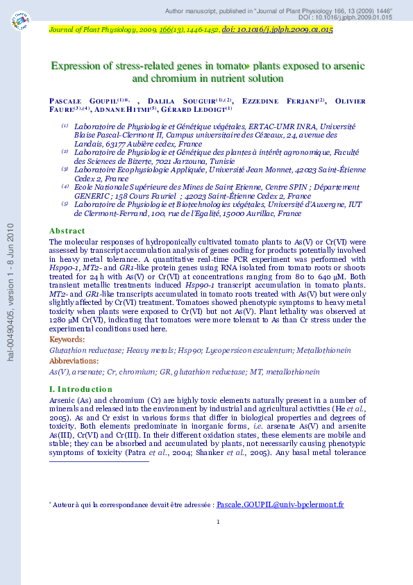 (PDF) Expression of stress-related genes in tomato plants exposed to ...
