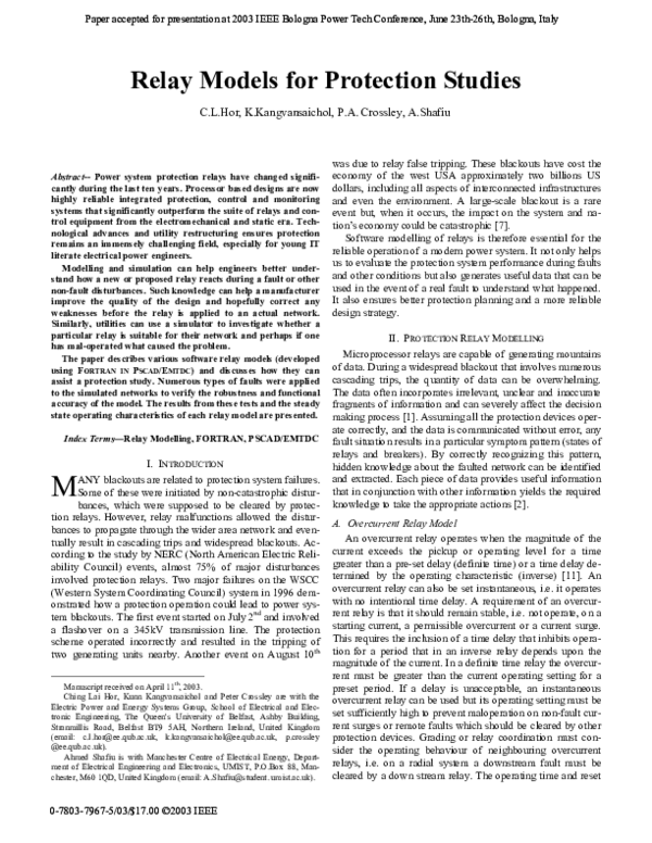 (PDF) Relay models for protection studies