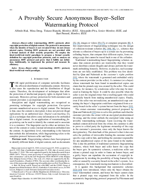 (PDF) A Provably Secure Anonymous Buyer-Seller Watermarking Protocol