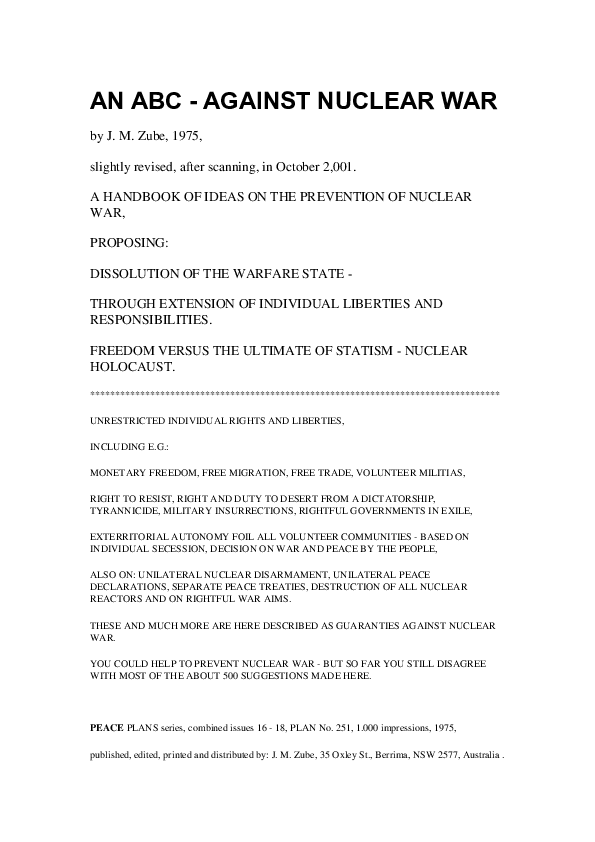 First page of “Zube John An ABC Against Nuclear War”