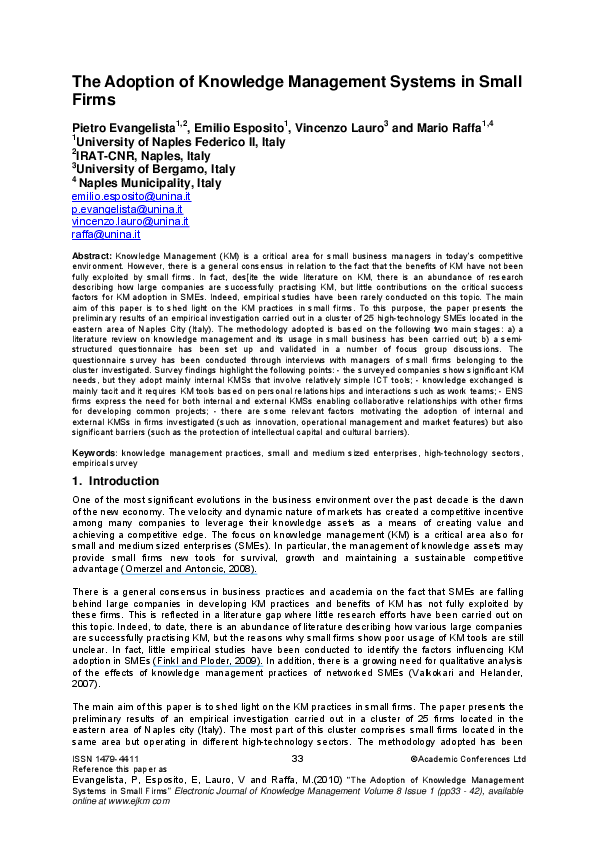(PDF) The Adoption of Knowledge Management Systems in Small Firms