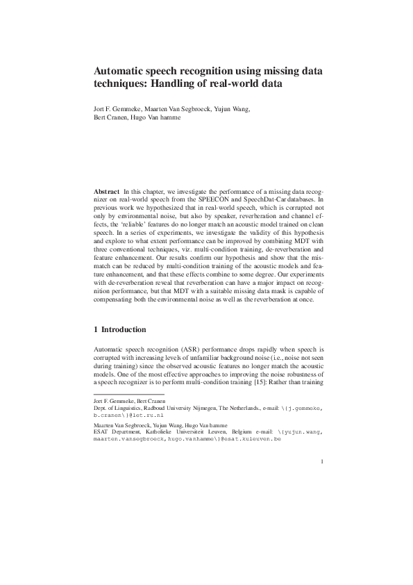 (PDF) Automatic Speech Recognition Using Missing Data Techniques ...