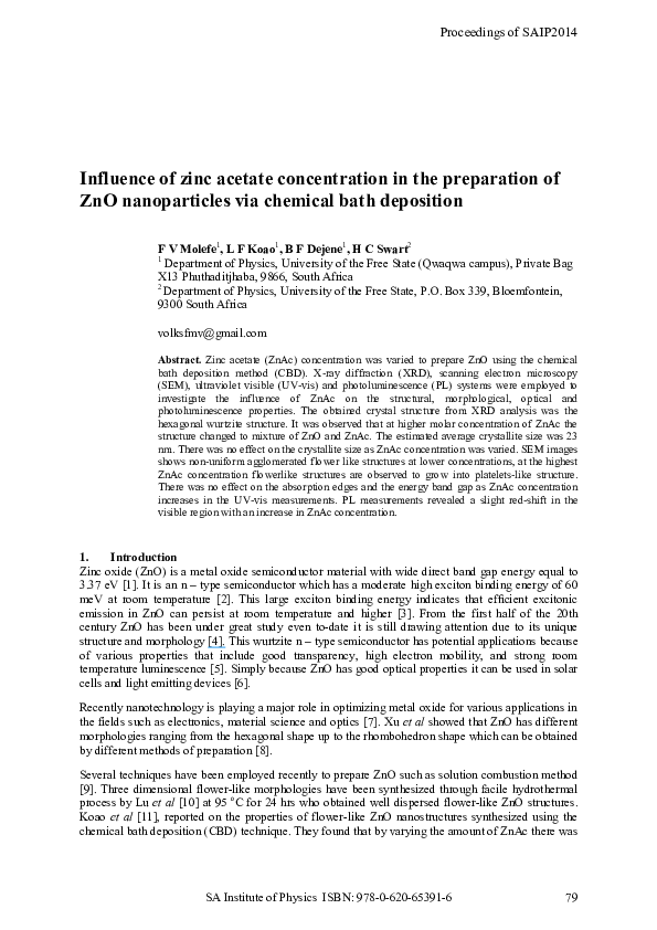 (PDF) Influence of zinc acetate concentration in the preparation of ZnO nanoparticles via