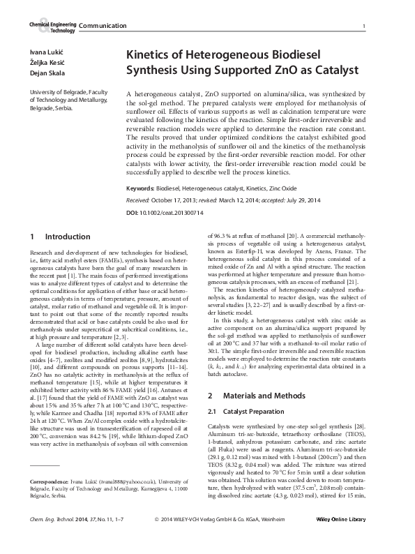 (PDF) Kinetics of Heterogeneous Biodiesel Synthesis Using Supported ZnO ...