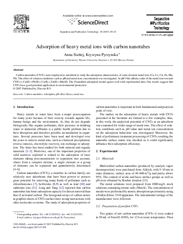 (PDF) Adsorption of heavy metal ions with carbon nanotubes