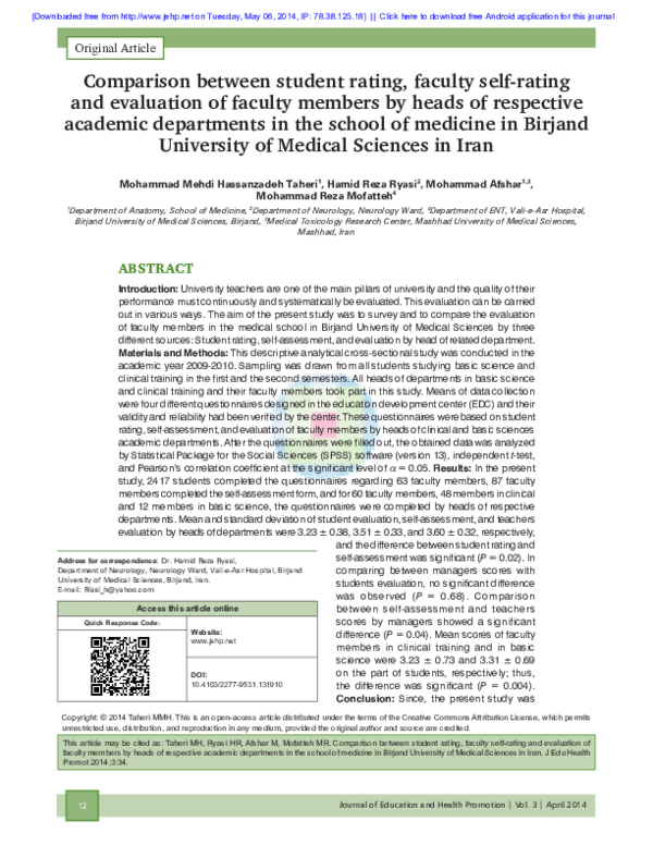 (PDF) Comparison between student rating, faculty self-rating and ...