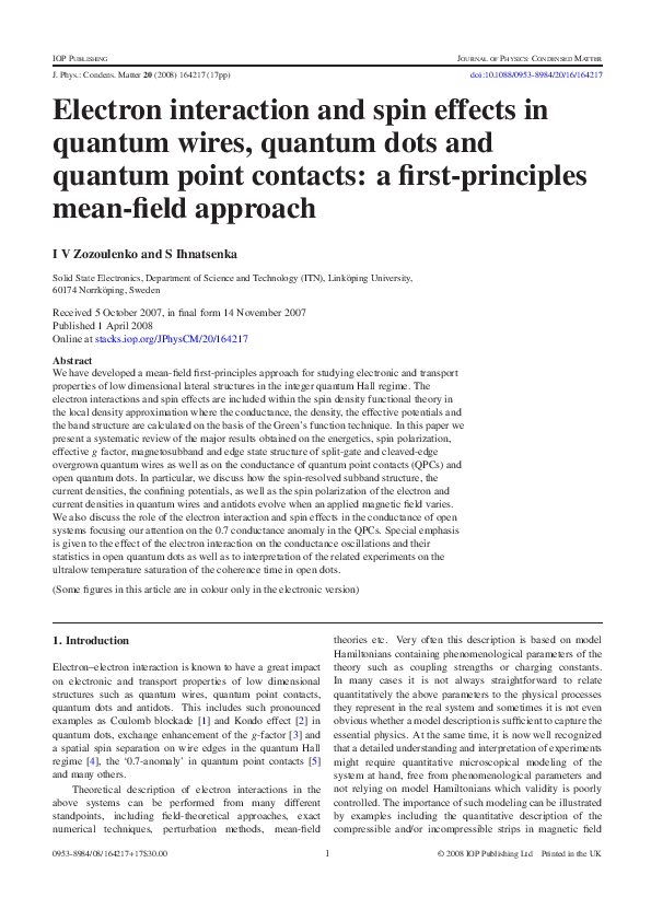 (PDF) Electron interaction and spin effects in quantum wires, quantum ...
