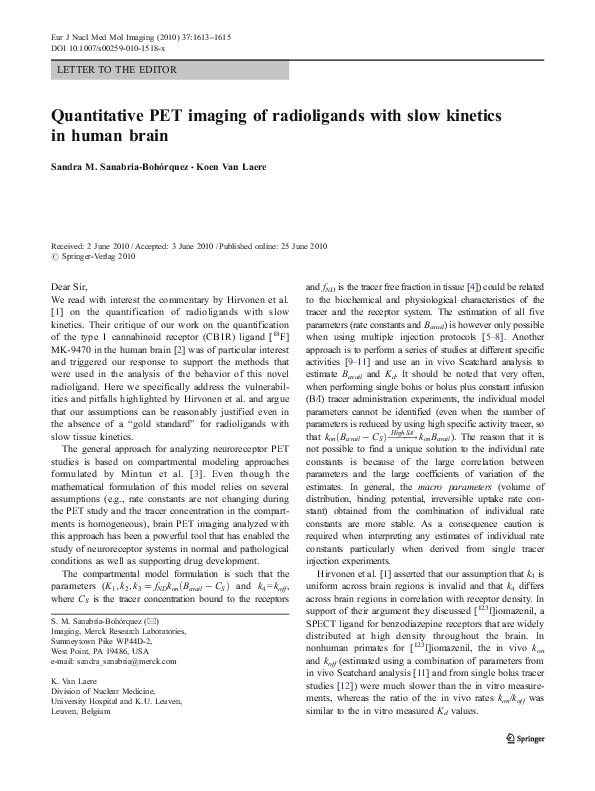 (PDF) Quantitative PET imaging of radioligands with slow kinetics in ...