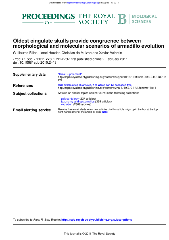 Oldest cingulate skulls provide congruence between morphological and molecular scenarios of armadillo evolution