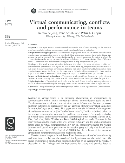 (PDF) Virtual communicating, conflicts and performance in teams