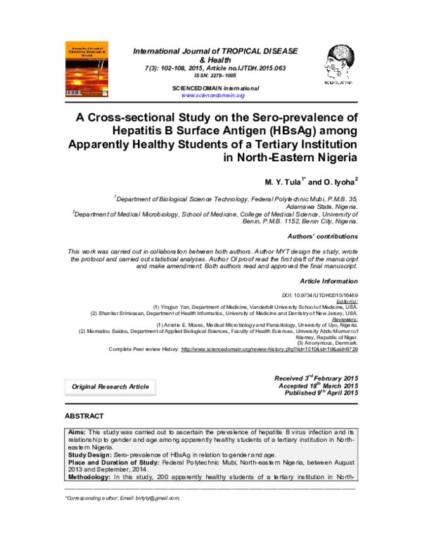 (PDF) A Cross-sectional Study on the Sero-prevalence of Hepatitis B ...