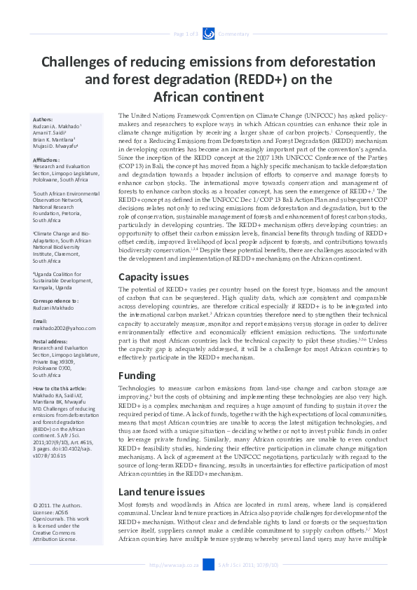 (PDF) Challenges of reducing emissions from deforestation and forest ...