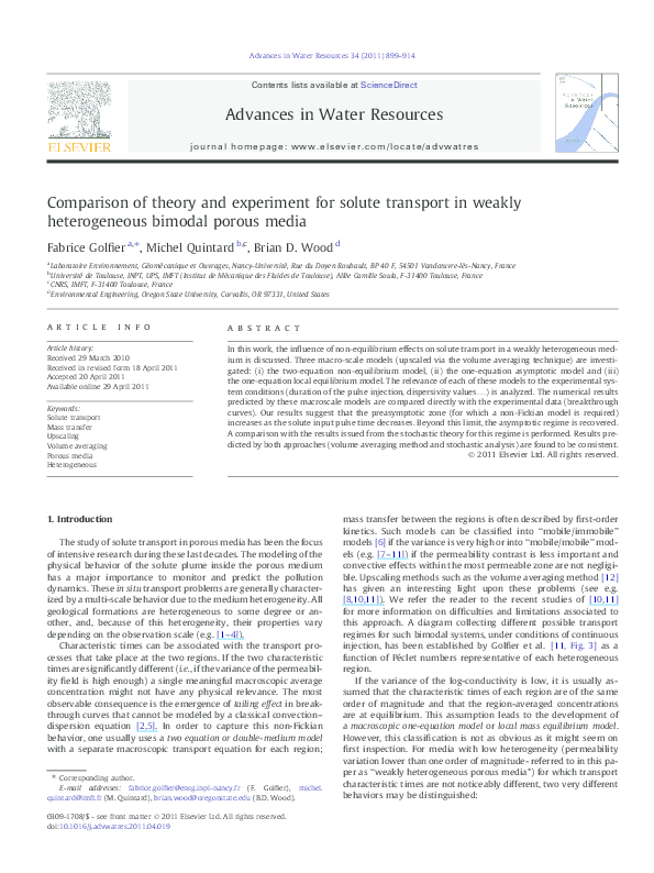 (PDF) Comparison of theory and experiment for solute transport in ...