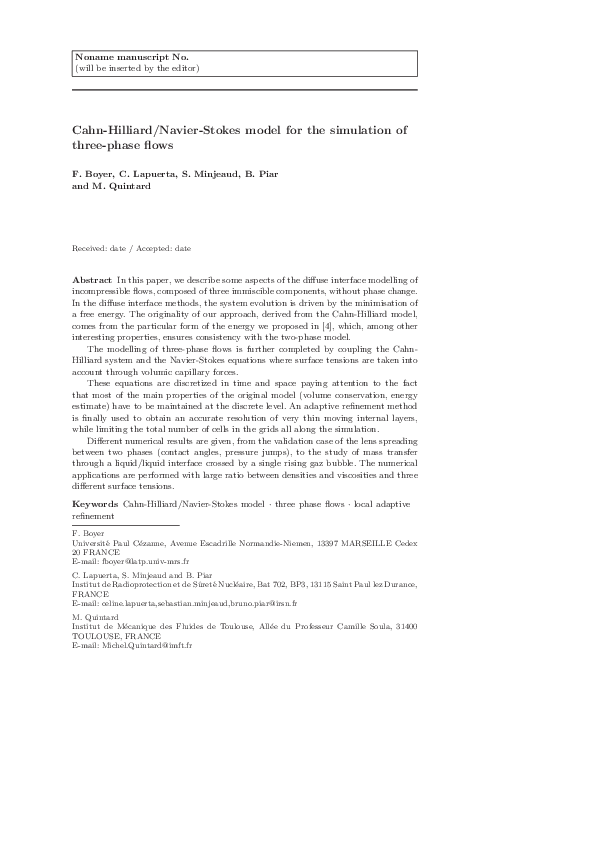(PDF) Cahn–Hilliard/Navier–Stokes Model for the Simulation of Three ...