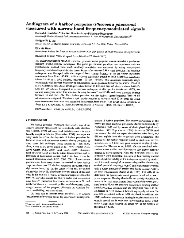 (PDF) Audiogram of a harbor porpoise (Phocoena phocoena) measured with ...
