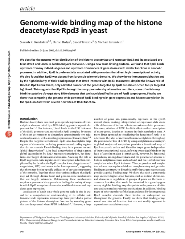 (PDF) Genome-wide binding map of the histone deacetylase Rpd3 in yeast