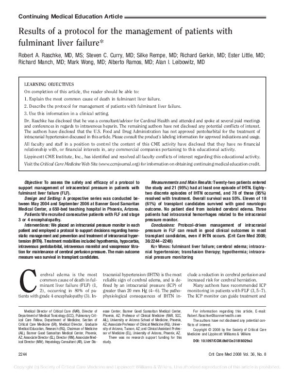 Pdf Results Of A Protocol For The Management Of Patients With