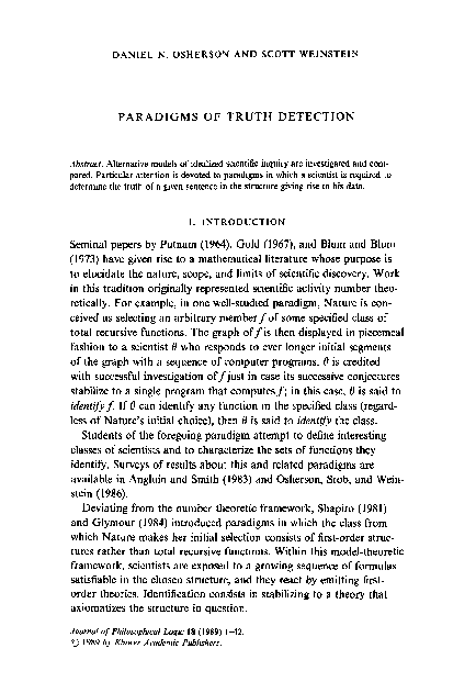 (PDF) Paradigms of truth detection | Daniel Osherson - Academia.edu