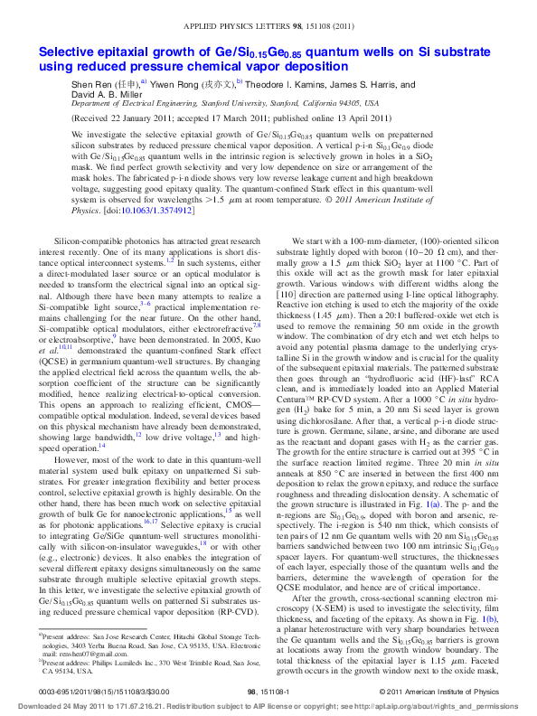 (PDF) Selective epitaxial growth of Ge/Si[sub 0.15]Ge[sub 0.85] quantum ...
