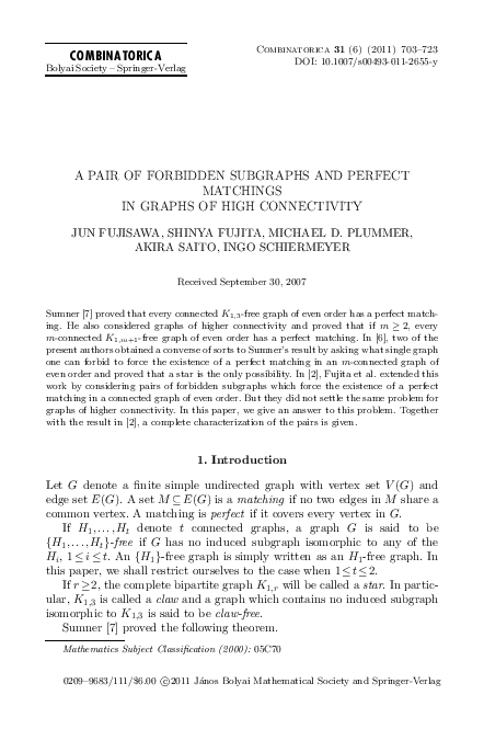 (PDF) A pair of forbidden subgraphs and perfect matchings in graphs of ...