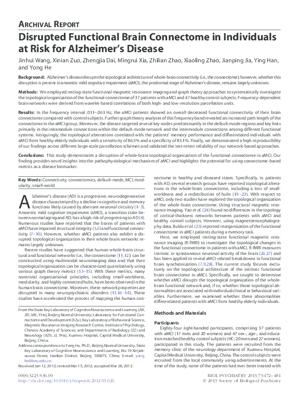 (PDF) Disrupted Functional Brain Connectome in Individuals at Risk for ...
