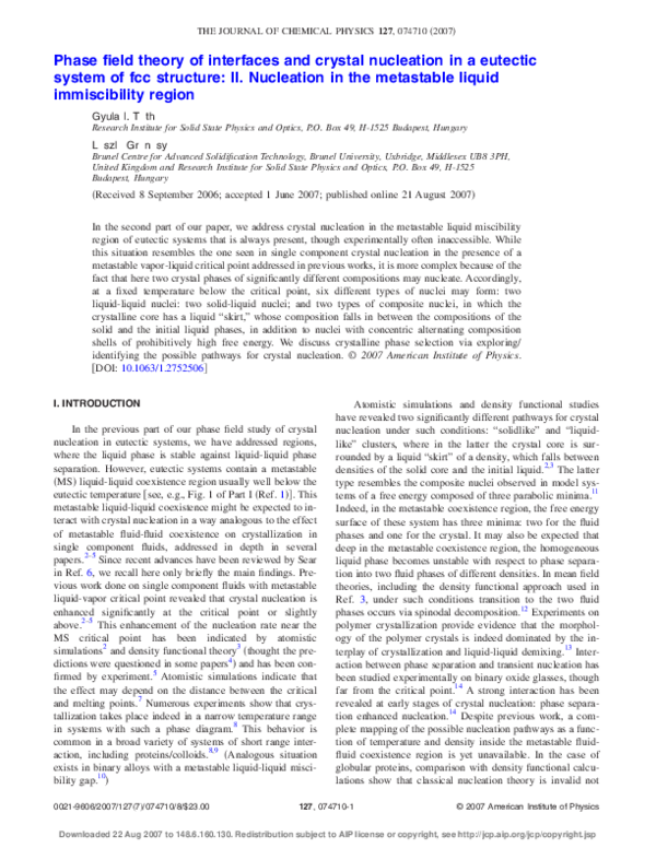 (PDF) Phase field theory of interfaces and crystal nucleation in a ...