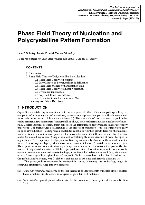 (PDF) Phase field theory of nucleation and polycrystalline pattern ...
