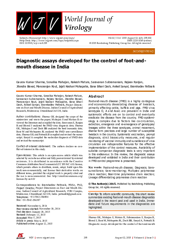 (PDF) Diagnostic assays developed for the control of footandmouth disease in India Saravanan