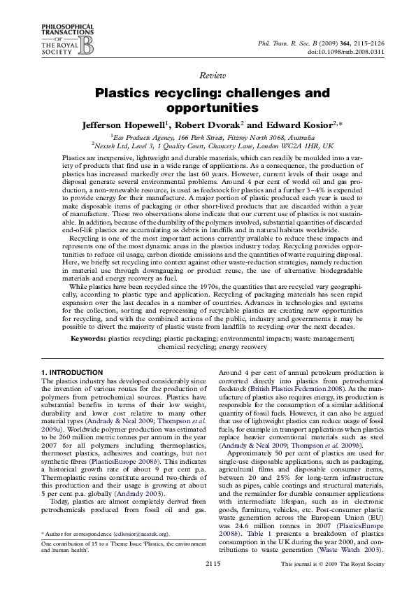 (PDF) Plastics recycling challenges and opportunities E. Kosior and