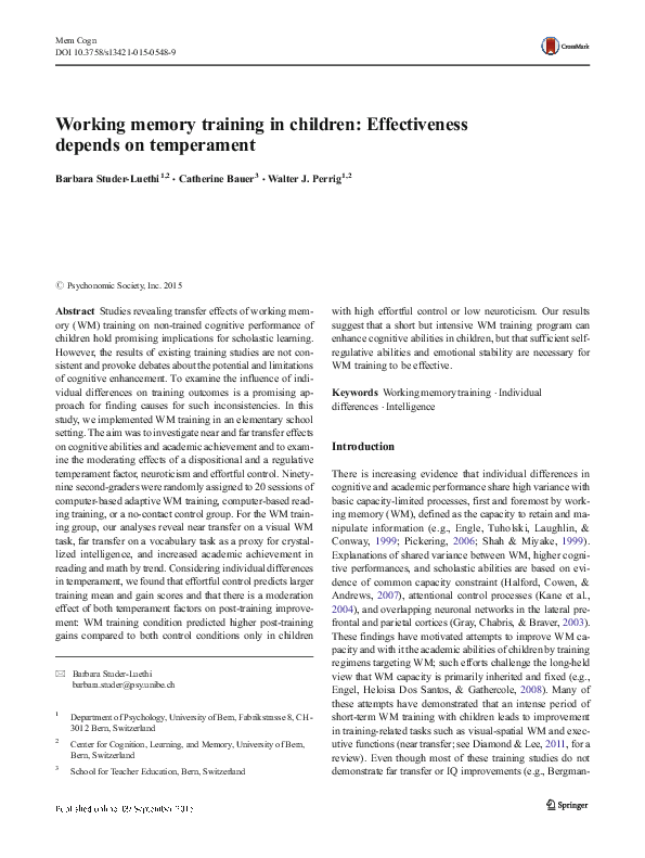 (PDF) Working memory training in children: Effectiveness depends on ...