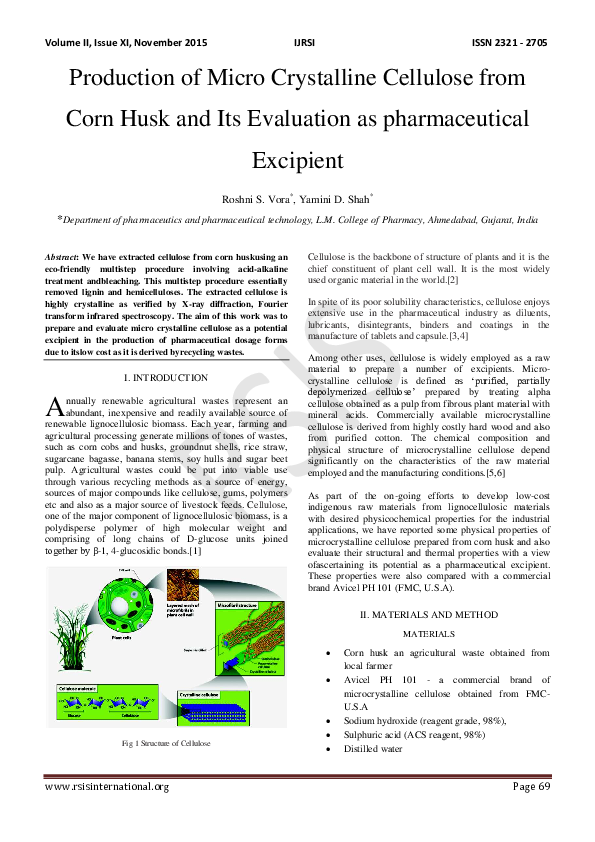 (PDF) Production of Micro Crystalline Cellulose from Corn Husk and Its Evaluation as