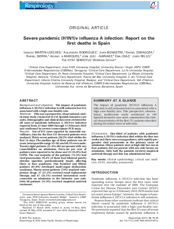 (PDF) Severe pandemic (H1N1)v influenza A infection: Report on the ...