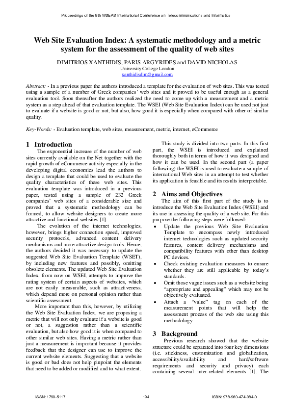 (PDF) Web site evaluation index: a systematic methodology and a metric ...