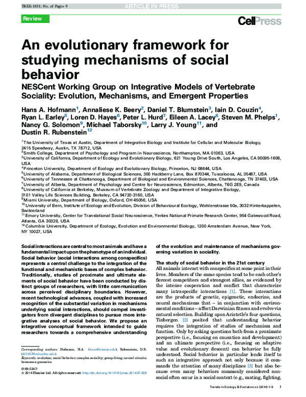 (PDF) An evolutionary framework for studying mechanisms of social behavior