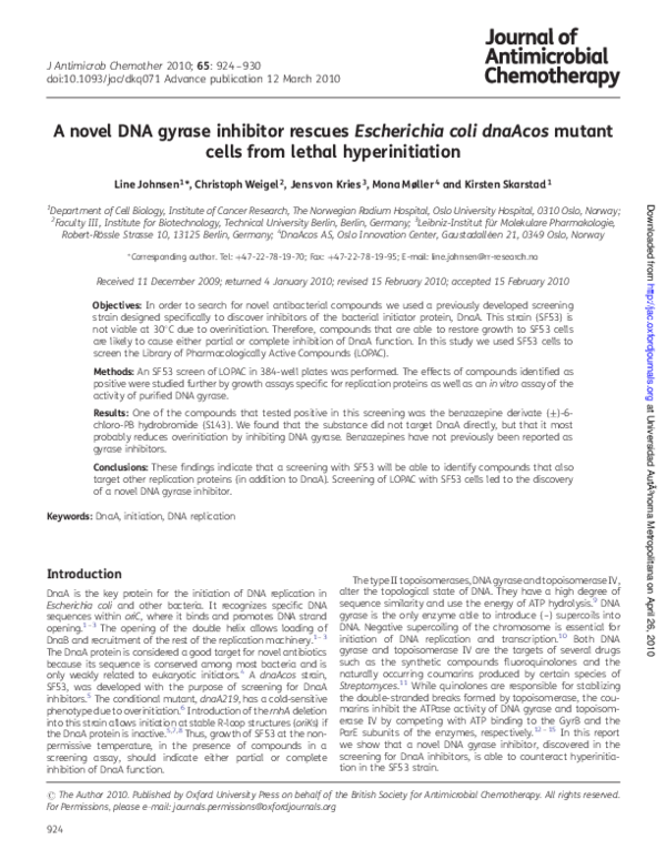 (PDF) A novel DNA gyrase inhibitor rescues Escherichia coli dnaAcos ...