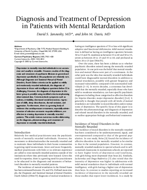 (PDF) Diagnosis and treatment of depression in patients with mental