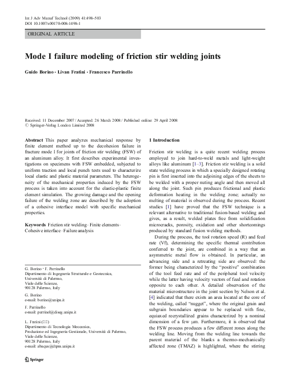 (PDF) Mode I failure modeling of friction stir welding joints