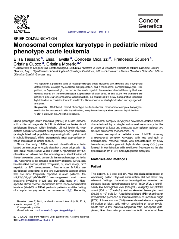 (PDF) Monosomal complex karyotype in pediatric mixed phenotype acute ...