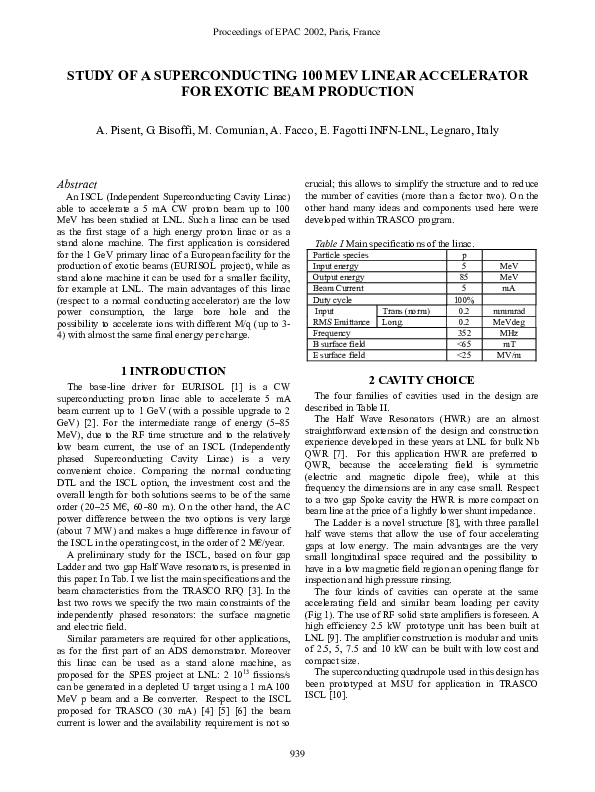 (PDF) STUDY OF A SUPERCONDUCTING 100 MEV LINEAR ACCELERATOR FOR EXOTIC ...