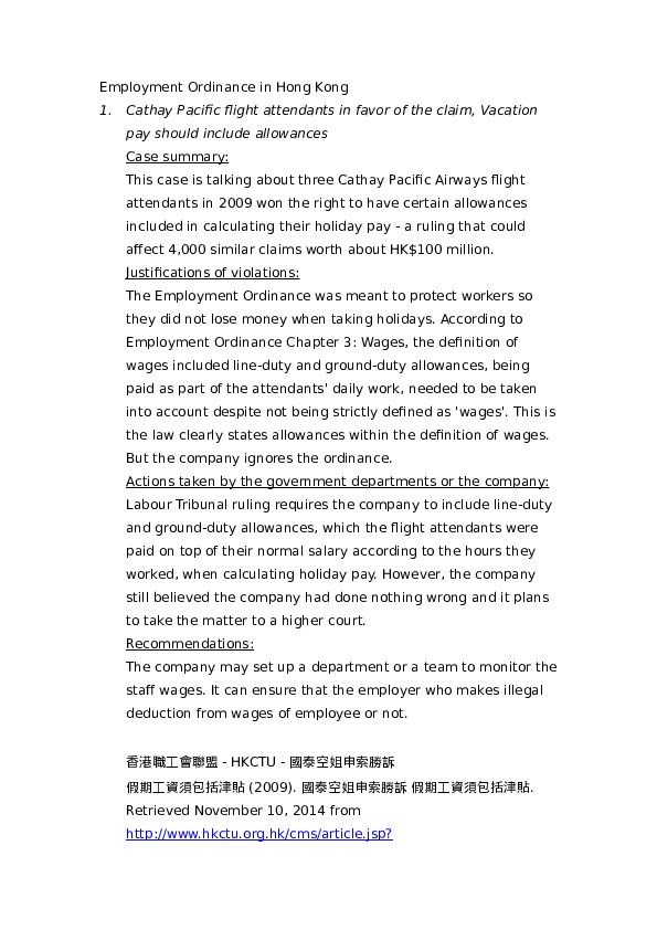(DOC) Employment Ordinance in Hong Kong