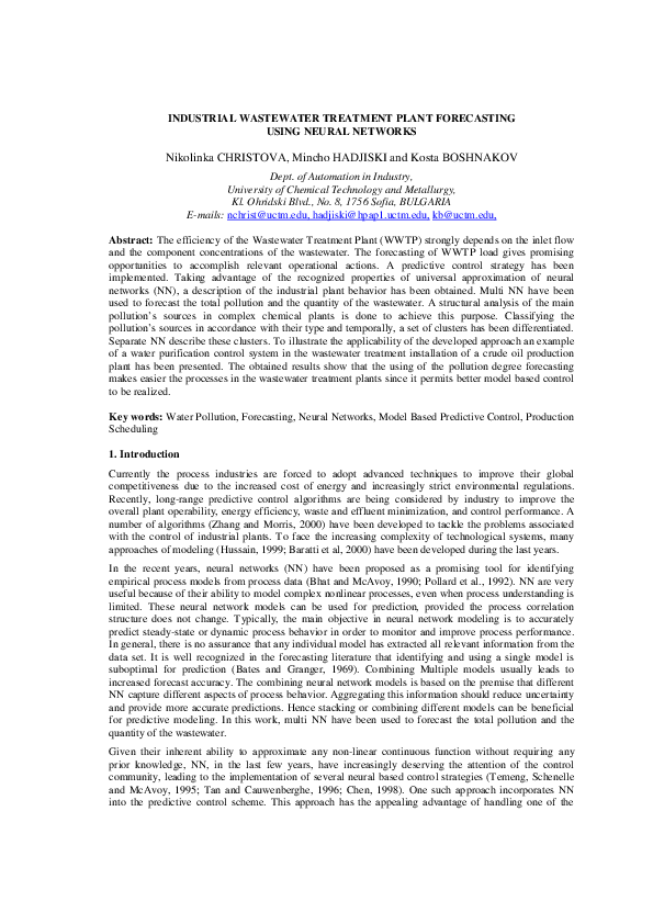 (PDF) INDUSTRIAL WASTEWATER TREATMENT PLANT FORECASTING USING NEURAL ...