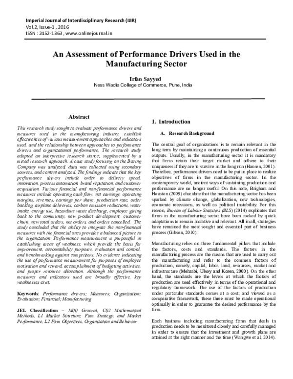 (PDF) An Assessment of Performance Drivers Used in the Manufacturing Sector