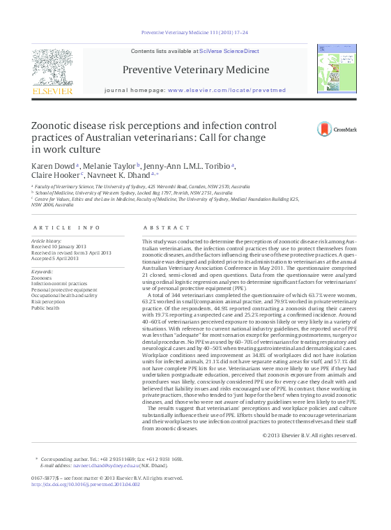 (PDF) Zoonotic disease risk perceptions and infection control practices