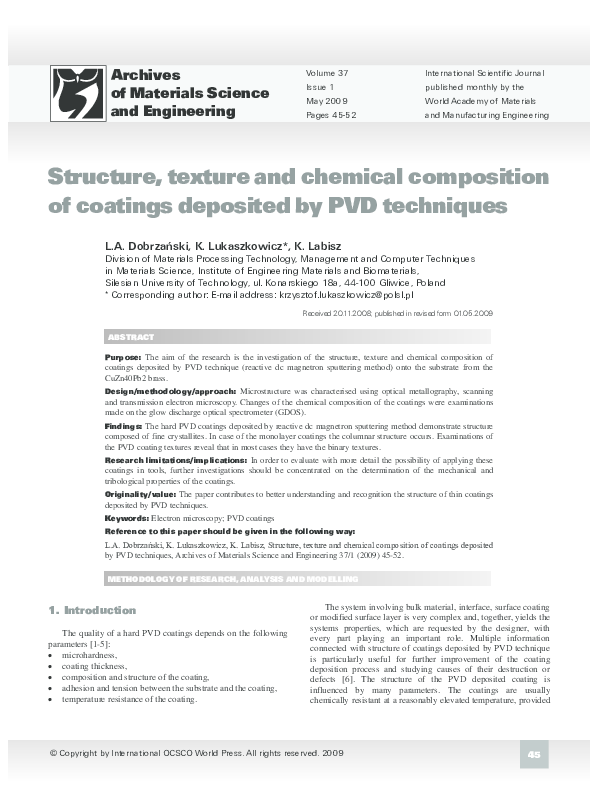 (PDF) Structure, texture and chemical composition of coatings deposited ...