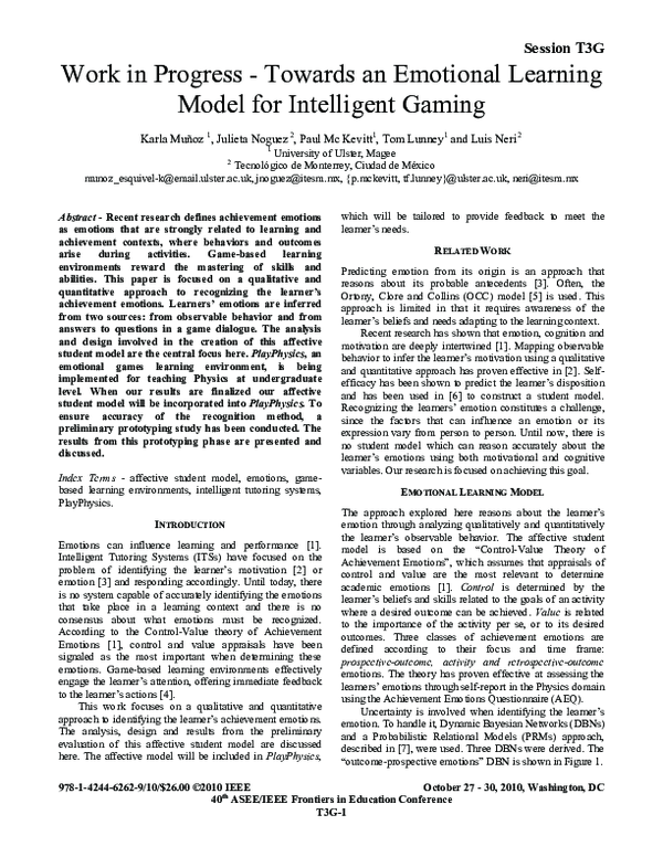 (PDF) Work in progress — Towards an emotional learning model for ...