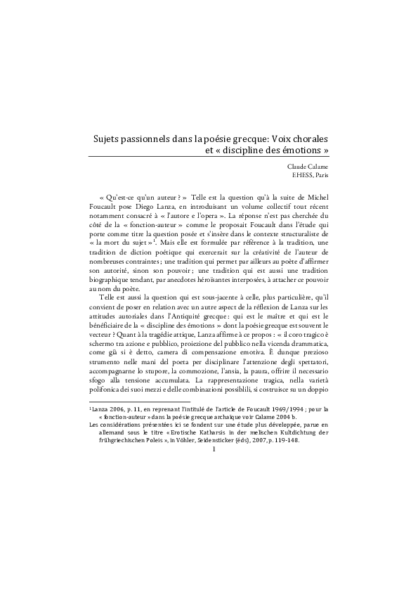 Pdf Sujets Passionnels Dans La Poesie Grecque Voix Chorales Et Discipline Des Emotions Claude Calame Academia Edu