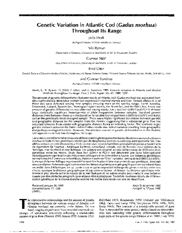 (PDF) Genetic Variation in Atlantic Cod ( Gadus morhua ) Throughout Its ...