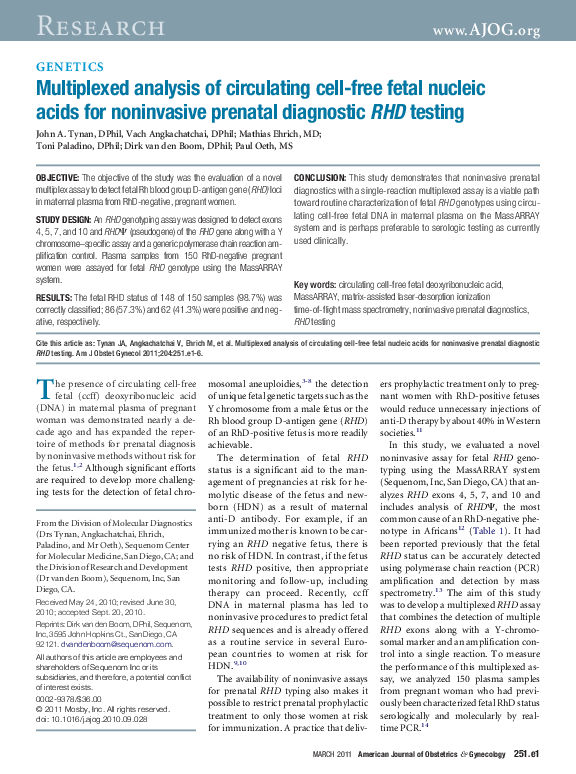 (PDF) Fetal RHD Genotyping from Circulating Cell-Free Fetal DNA in ...